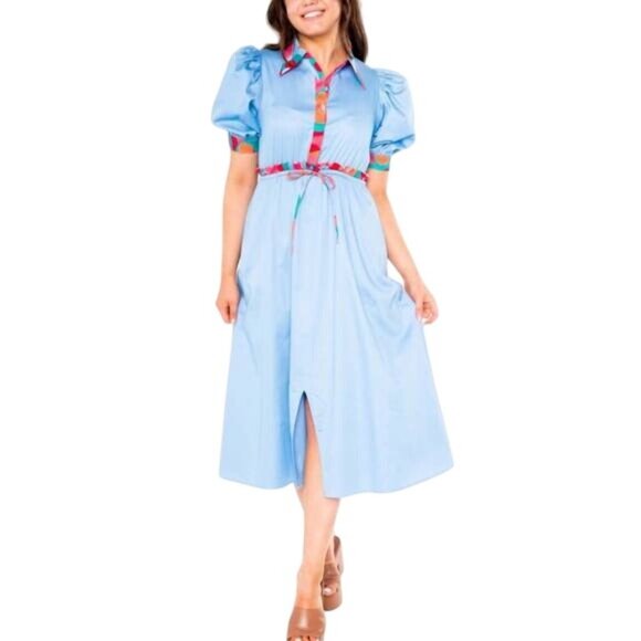 Alden Adair Taylor Puff Sleeve Contrast Trim Midi Dress in Roller Skate XL - Picture 1 of 11